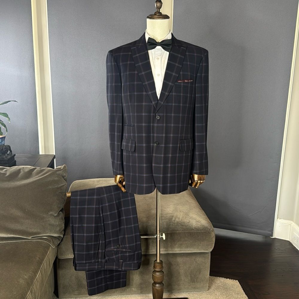 Men’s Steve Harvey Reserve 2 Piece Blue Check Suit Peak Lapel 44 Jacket 38 Pants